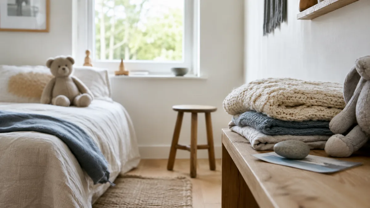 Simple child's room with folded blankets and a soft toy