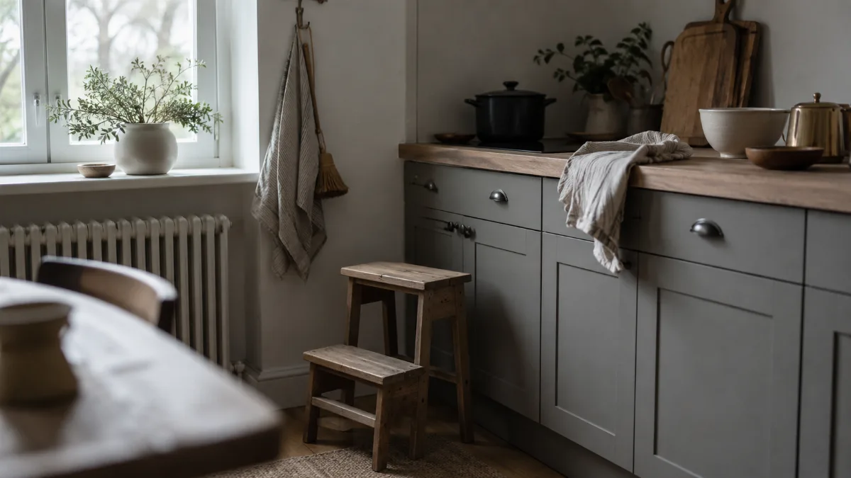 Calm family kitchen corner with a small step stool