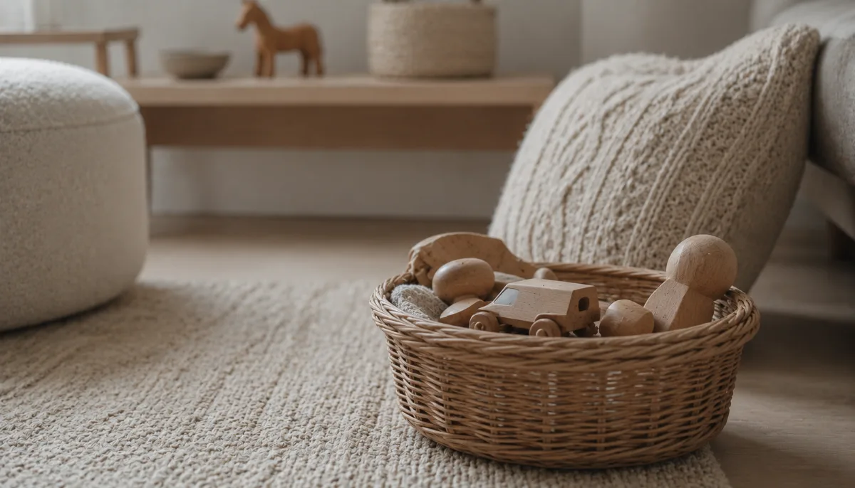 Tidy family room with a basket of wooden toys
