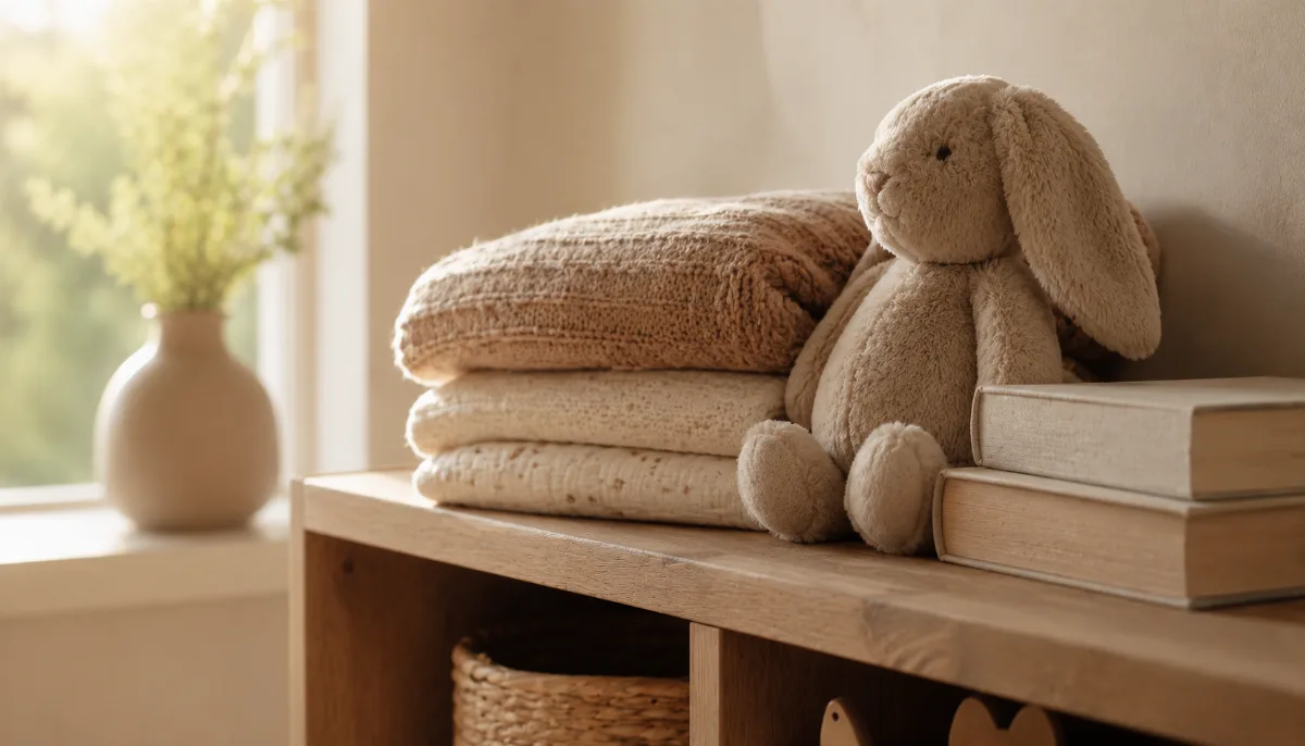 Simple child's room with folded blankets and a soft toy