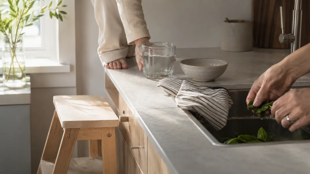 Calm family kitchen corner with a small step stool
