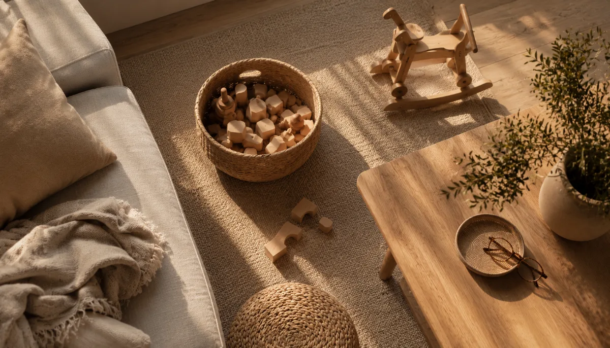 Tidy family room with a basket of wooden toys