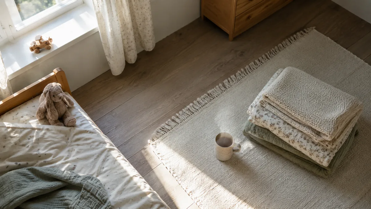 Simple child's room with folded blankets and a soft toy