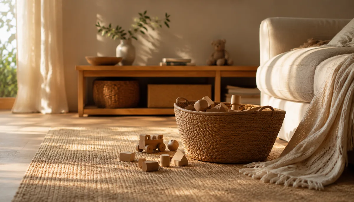 Tidy family room with a basket of wooden toys