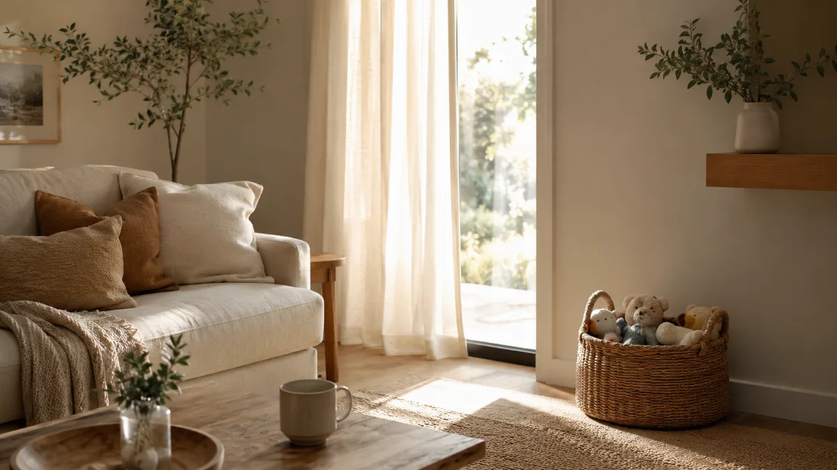 Family living room with a basket of toys neatly tucked away