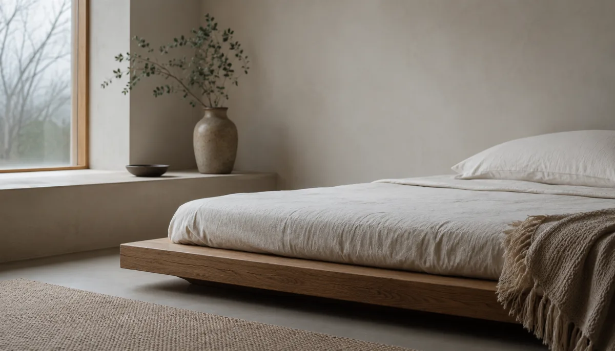 Low platform bed with crisp neutral sheets beside a bare window