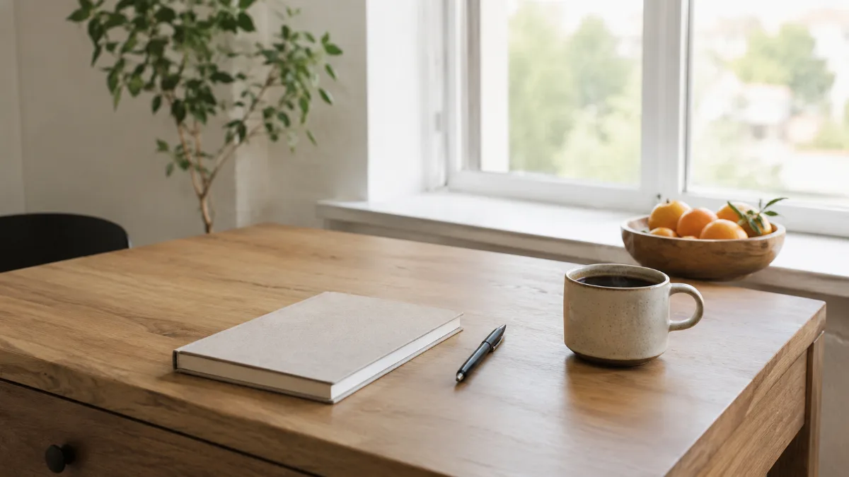 Clean wooden desk by a window with a notebook, pen and a cup of coffee