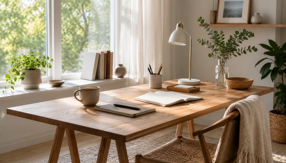 Uncluttered writing desk bathed in soft daylight