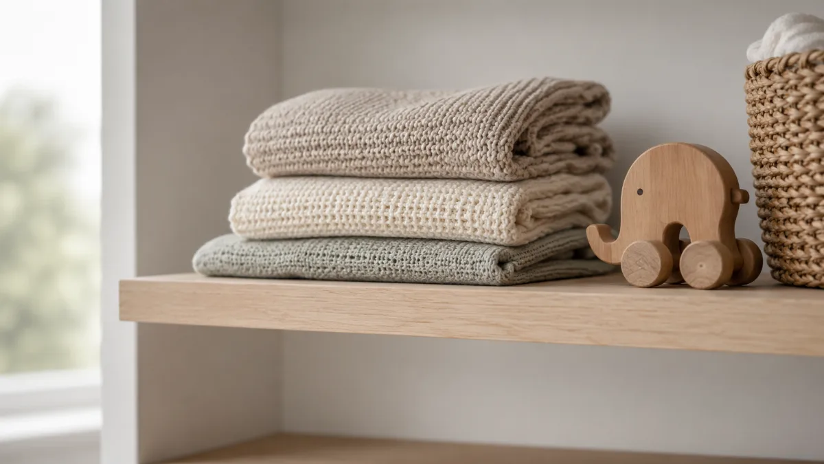 Simple nursery shelf with folded blankets and a small toy