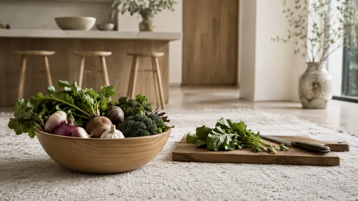 Wooden bowl of vegetables beside a chopping board