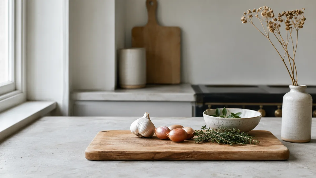 Calm kitchen counter with fresh simple ingredients on a wooden board