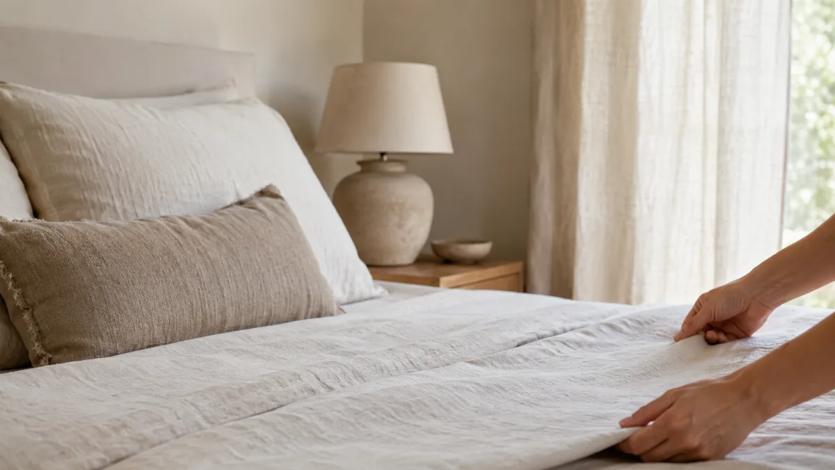 Calm minimalist bedroom with linen bedding and a single bedside lamp