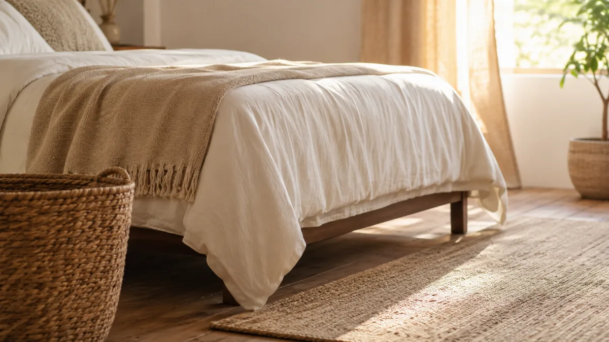Serene bedroom corner with a soft throw folded at the foot of the bed