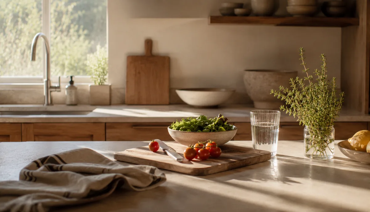 Simple kitchen counter with fresh ingredients and a wooden board