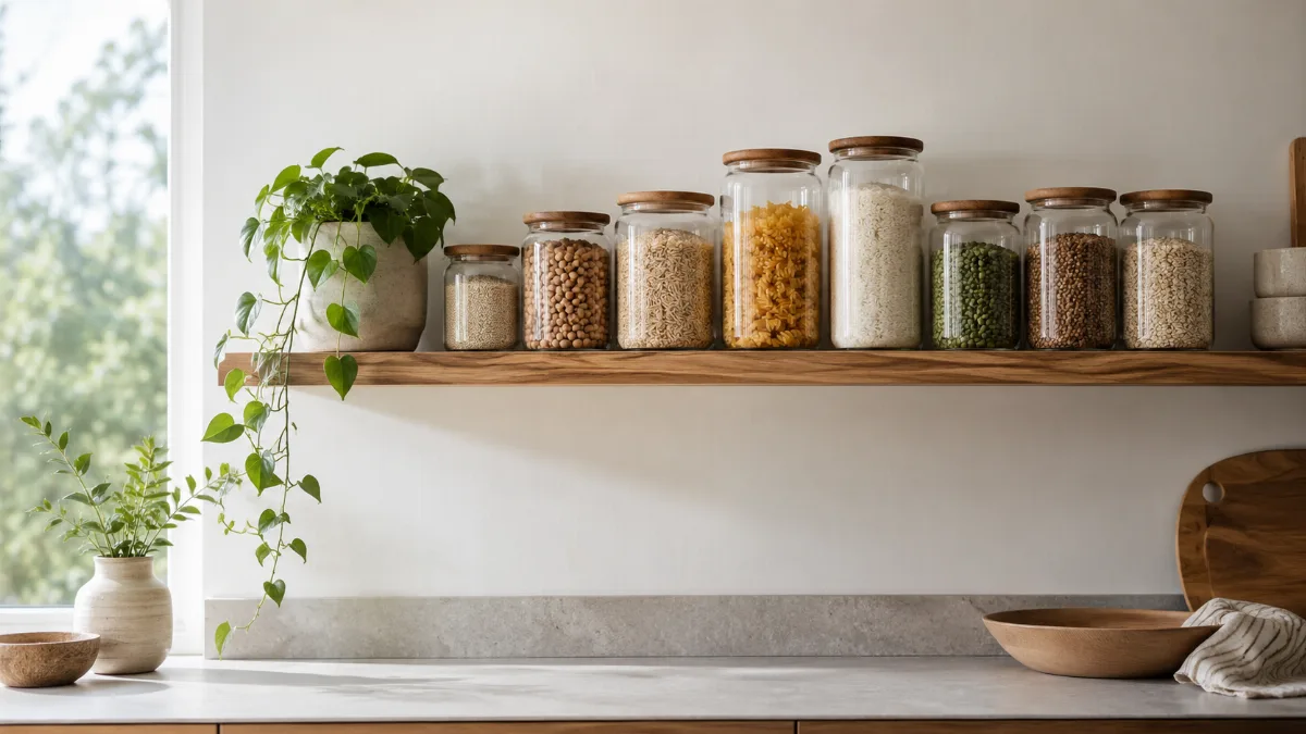 Glass jars of pantry staples on an open shelf