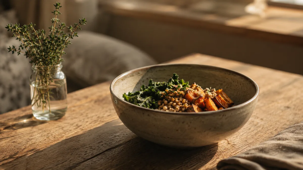 Minimalist table set with a single wholesome bowl