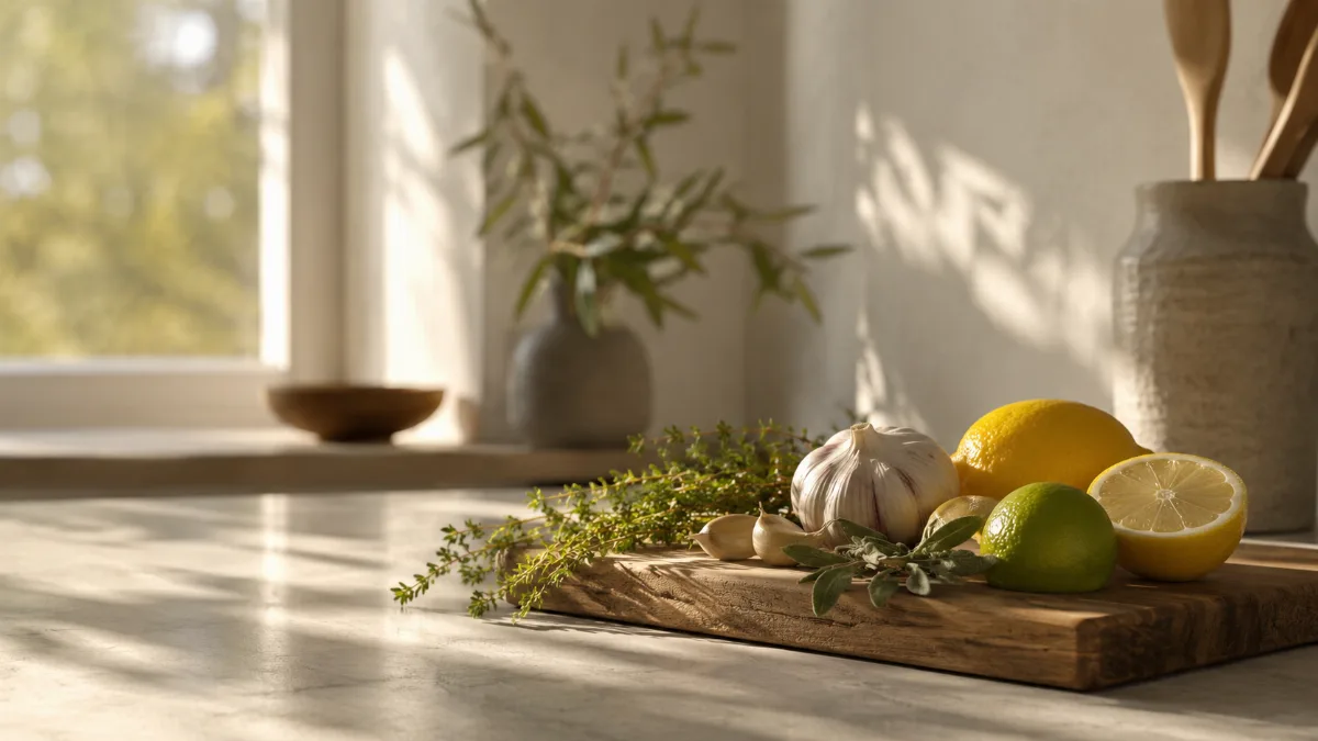 Calm kitchen counter with fresh simple ingredients on a wooden board