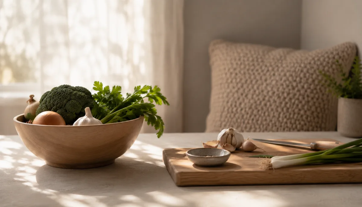 Wooden bowl of vegetables beside a chopping board