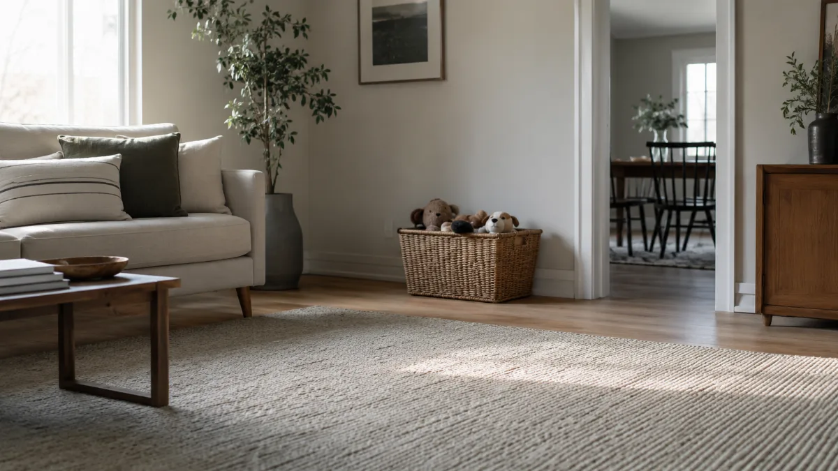 Family living room with a basket of toys neatly tucked away