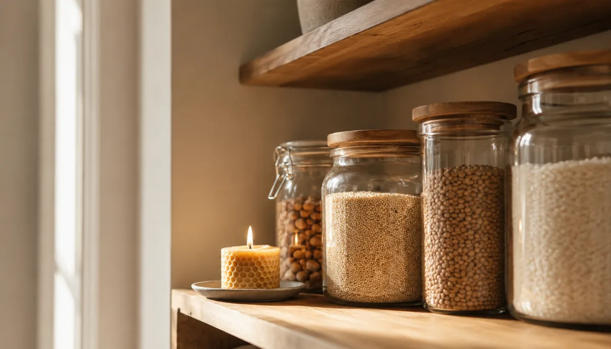 Minimalist pantry shelf with glass jars of staples