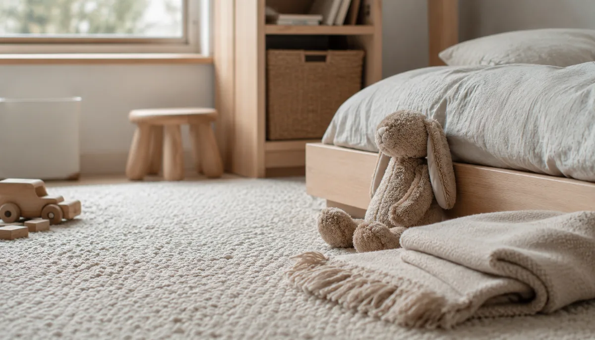 Simple child's room with folded blankets and a soft toy