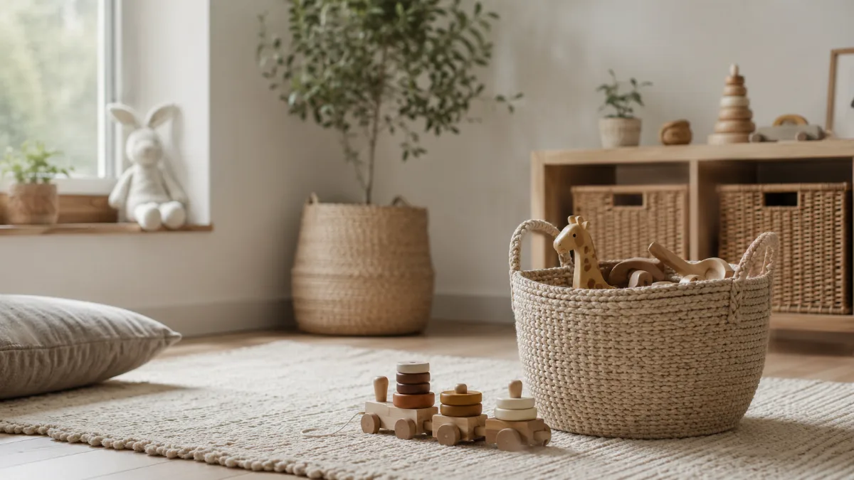 Tidy children's play corner with a few wooden toys in a soft basket