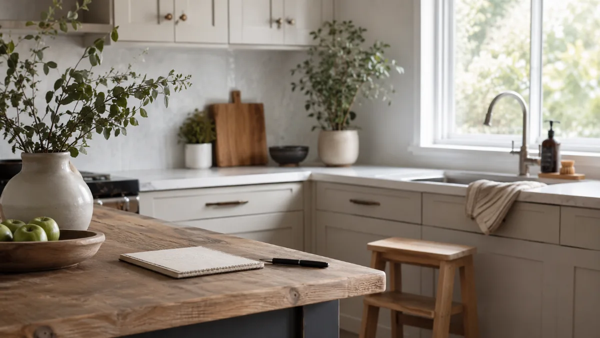 Calm family kitchen corner with a small step stool