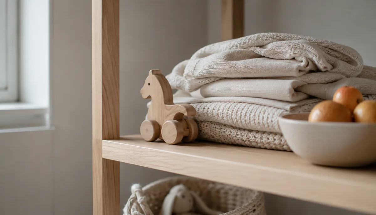 Simple nursery shelf with folded blankets and a small toy
