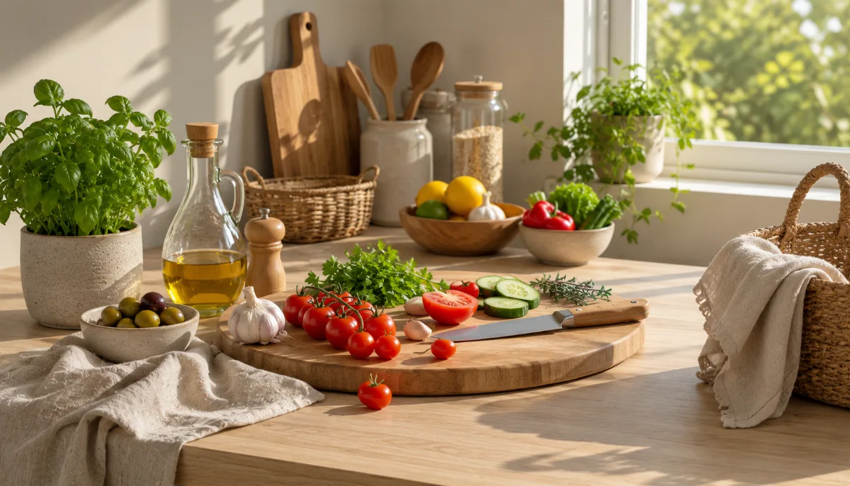 Simple kitchen counter with fresh ingredients and a wooden board