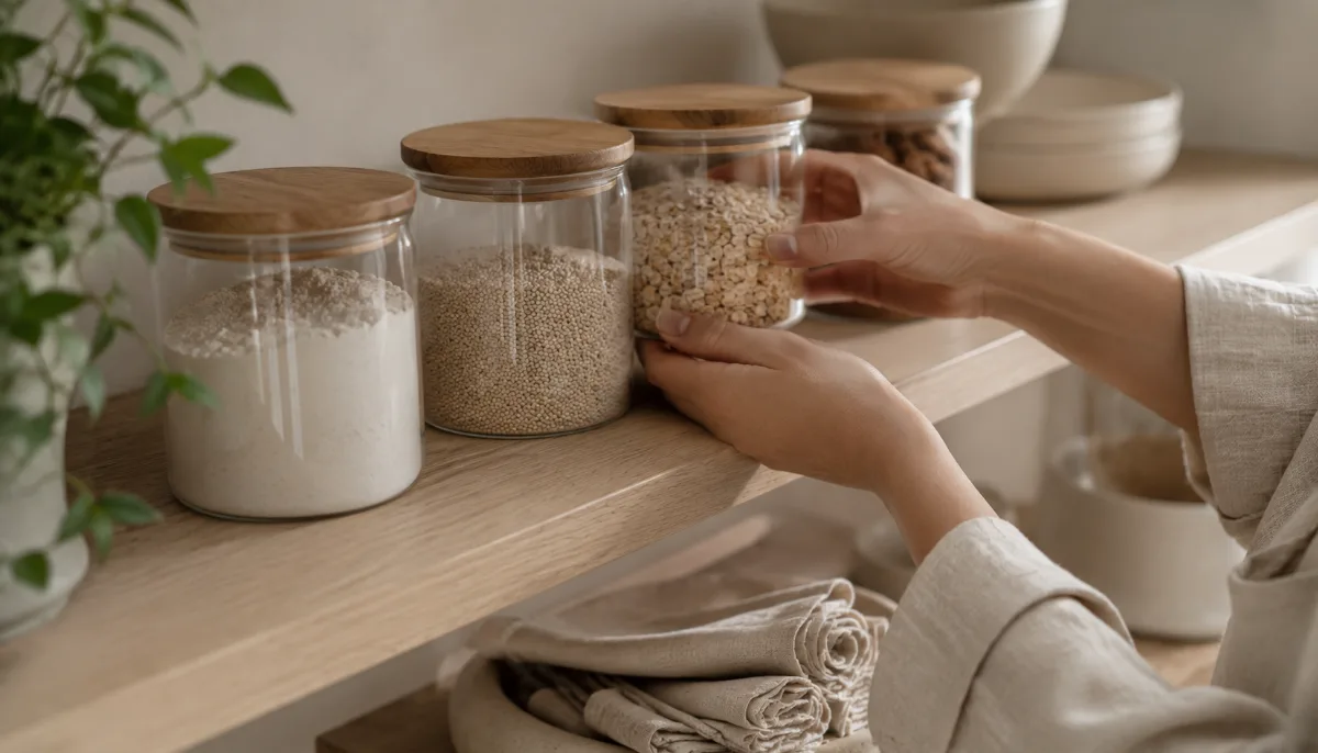 Glass jars of pantry staples on an open shelf
