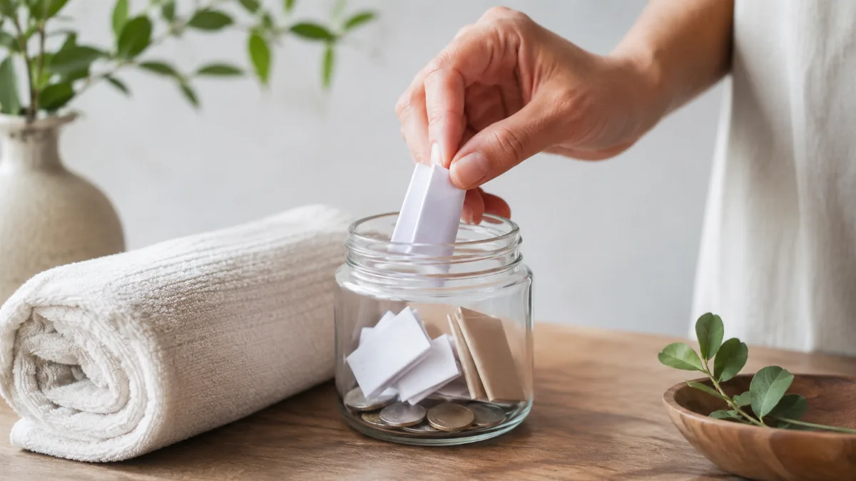 Glass jar holding folded notes and coins on a wooden surface
