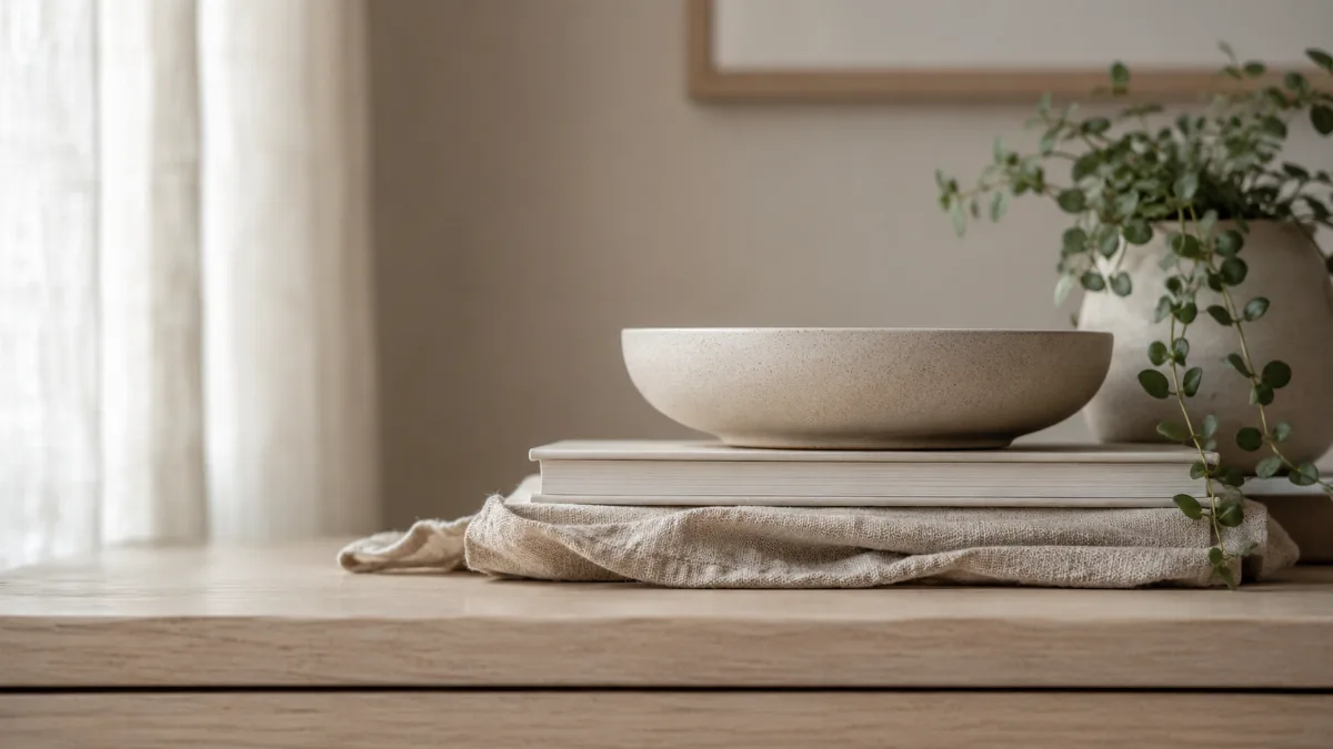 Serene styled vignette with neutral tones and soft daylight