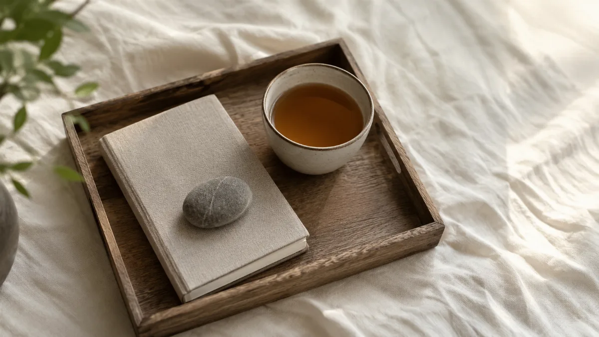Simple morning tray with tea and a journal