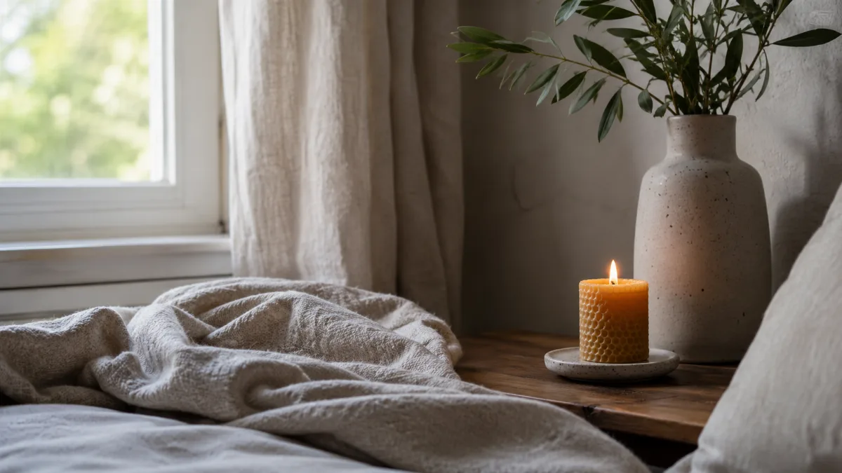 Calm evening corner with a blanket and low light