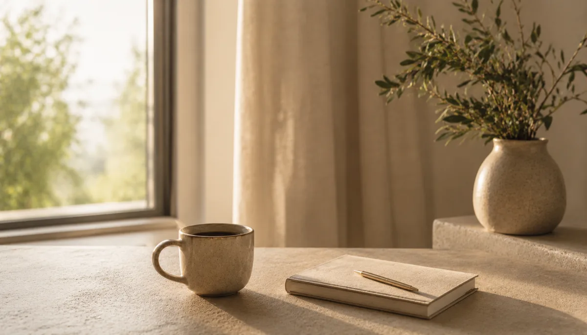 Bright morning scene with coffee and a notebook by a window