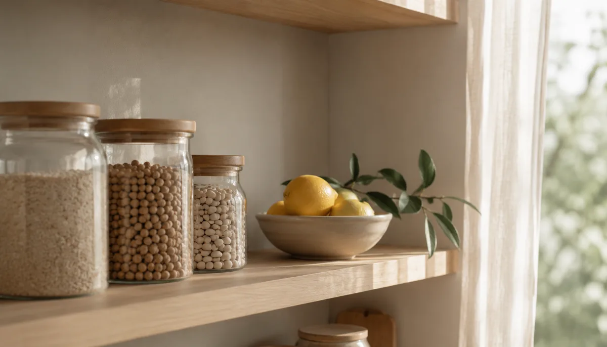 Minimalist pantry shelf with glass jars of staples