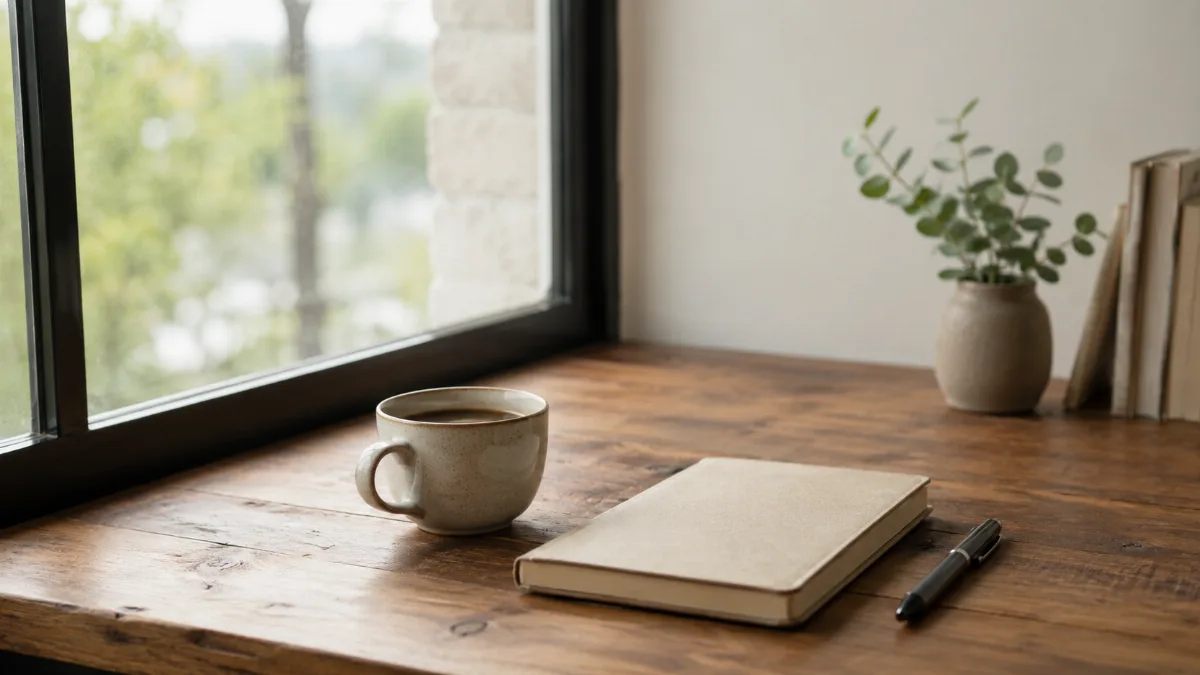 Clean wooden desk by a window with a notebook, pen and a cup of coffee