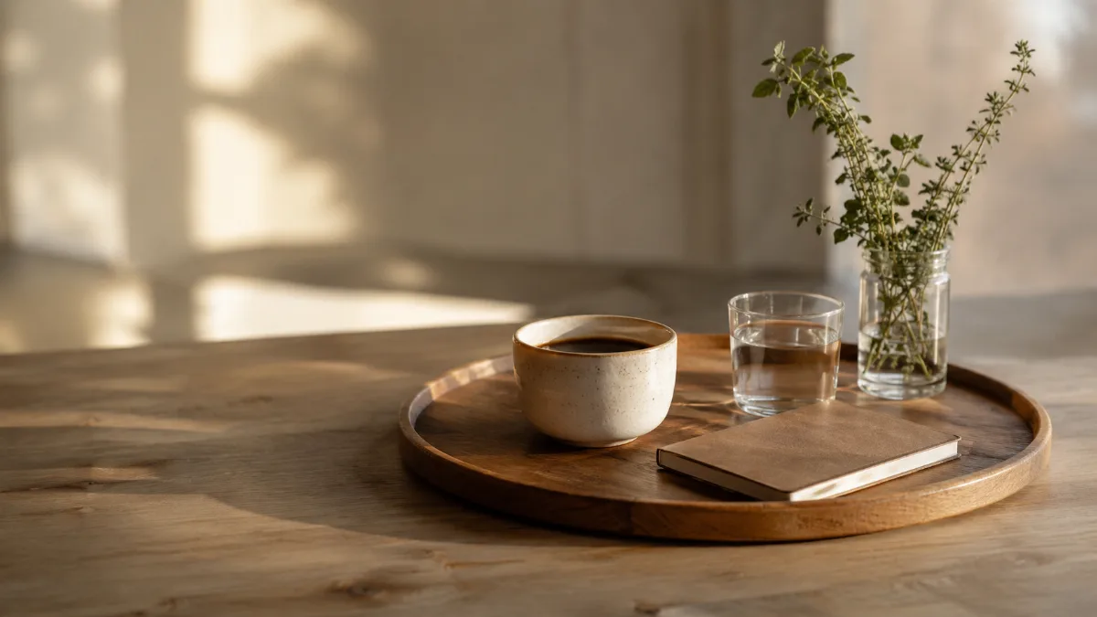 Simple morning tray with coffee, water and a small journal