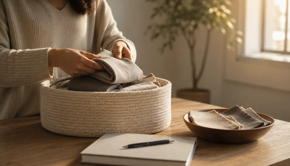 Hands folding items into a small storage basket