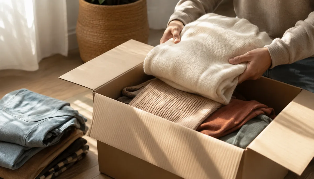 Donation box being filled with folded clothes on the floor