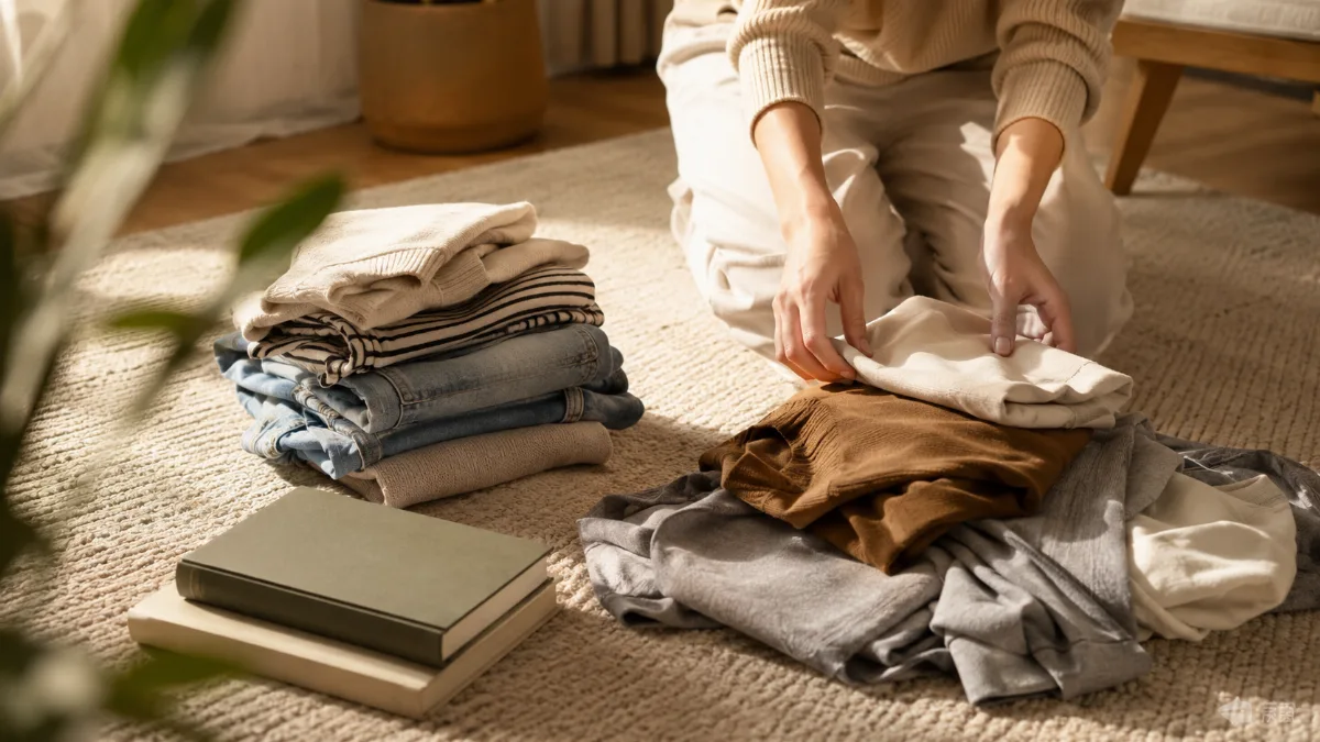 Items grouped into keep and let-go piles on a clean rug