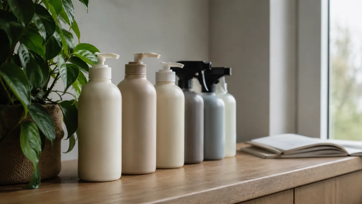 Row of refillable containers beside a leafy green plant