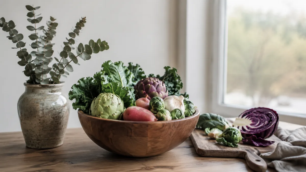 Wooden bowl of vegetables beside a chopping board