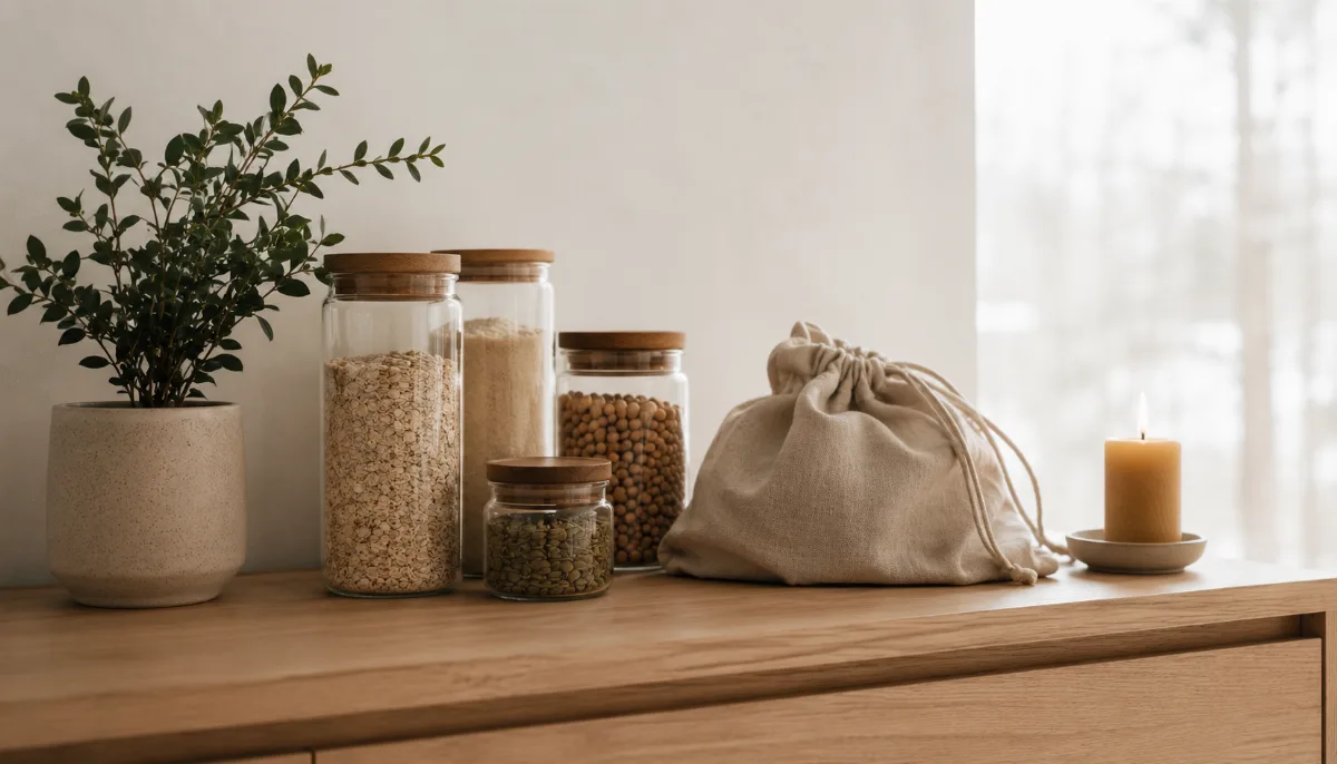 Reusable glass jars, a cloth bag and a small potted plant on a wooden surface