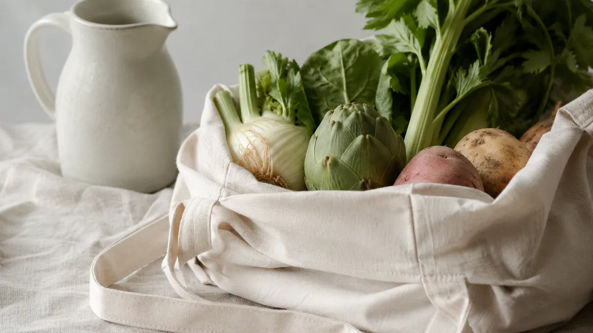 Cloth produce bag of vegetables in soft light