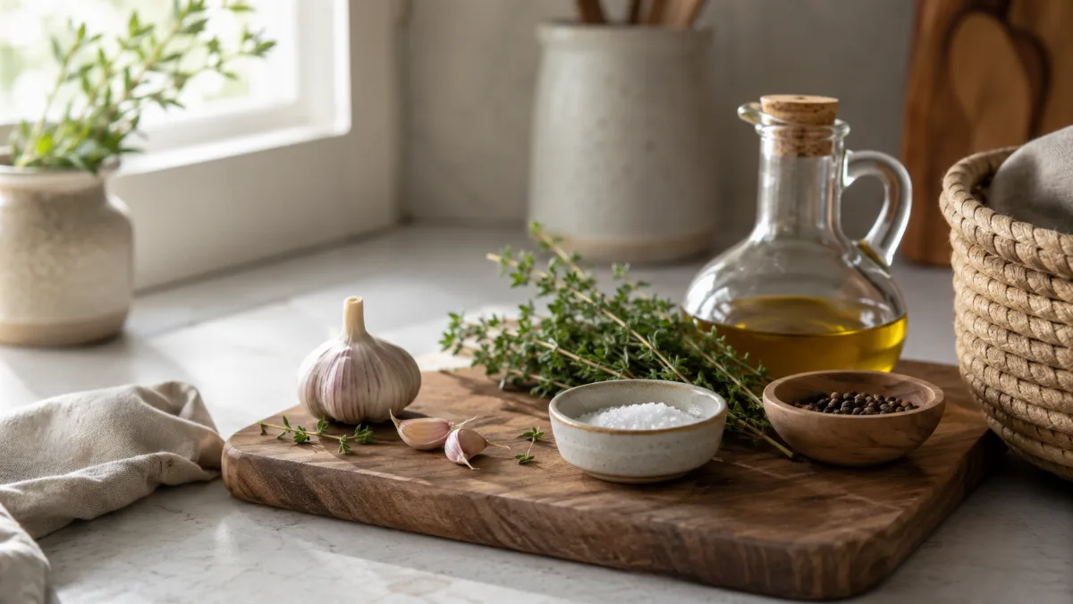 Calm kitchen counter with fresh simple ingredients on a wooden board