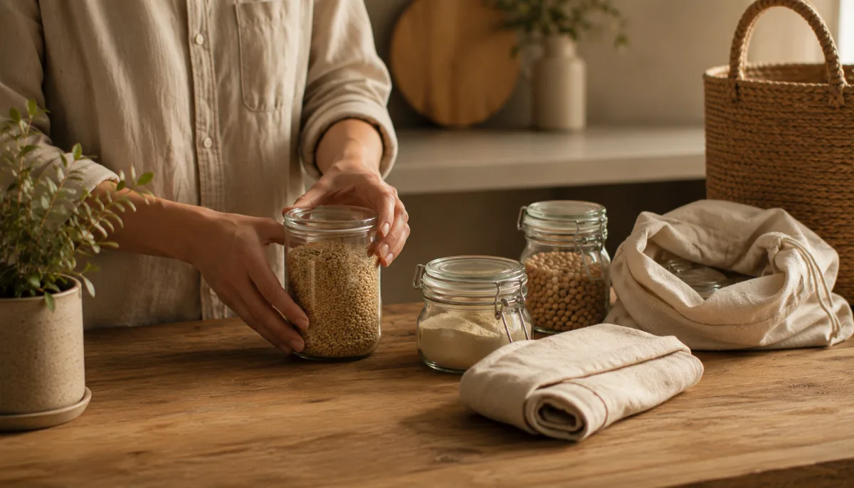 Reusable glass jars, a cloth bag and a small potted plant on a wooden surface