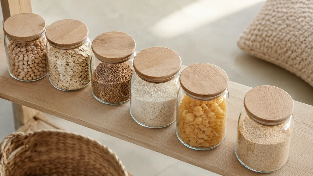 Minimalist pantry shelf with glass jars of staples