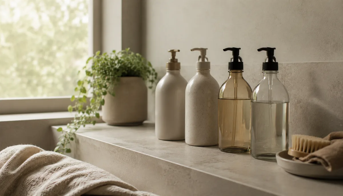 Refillable bottles lined neatly on a bathroom ledge