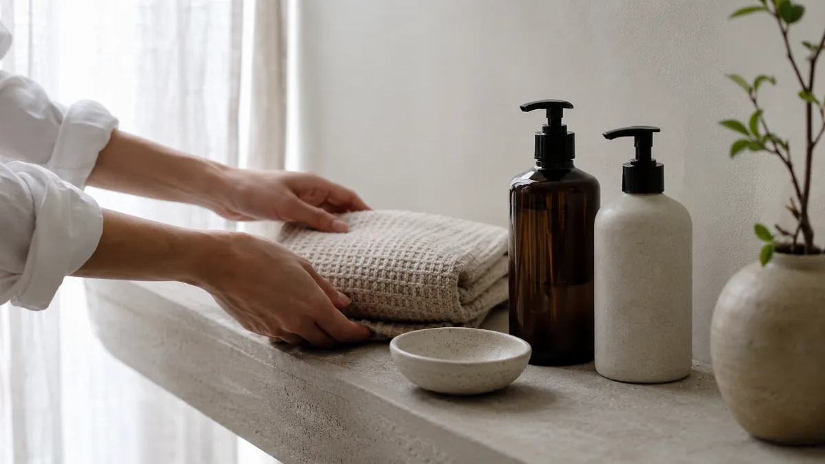 Minimalist bathroom shelf with a few essential items and a folded towel